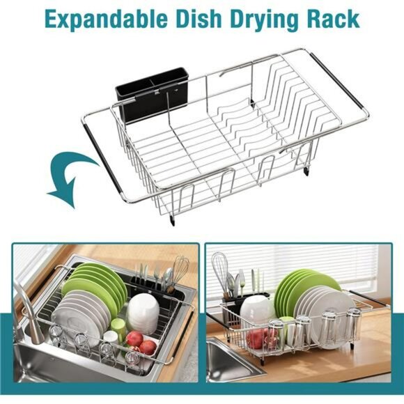 Expandable Over Sink Dish Drying Rack Stainless Steel with Utensil Holder Silver - Picture 3 of 7